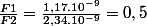 \frac{F1}{F2}=\frac{1,17.10^{-9}}{2,34.10^{-9}}=0,5