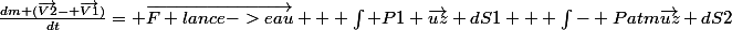 \frac{dm (\vec{V2}- \vec{V1})}{dt}= \vec{F lance->eau} + \int P1 \vec{uz} dS1 + \int- Patm\vec{uz} dS2