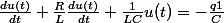 \frac{du(t)}{dt}+\frac{R}{L}\frac{du(t)}{dt}+\frac{1}{LC}u(t)=-\frac{q1}{C}