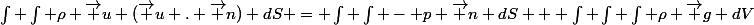 \int \int \rho \vec u (\vec u . \vec n) dS = \int \int - p \vec n dS + \int \int \int \rho \vec g dV