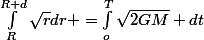 \int_{R}^{R+d}{\sqrt{r}dr} =\int_{o}^{T}{\sqrt{2GM} dt}