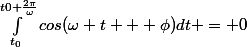 \int_{t_0}^{t0+\frac{2\pi}{\omega}}cos(\omega t + \phi)dt = 0