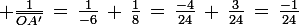 \large \frac{1}{\bar{OA'}}\,=\,\frac{1}{-6}\,+\,\frac{1}{8}\,=\,\frac{-4}{24}\,+\,\frac{3}{24}\,=\,\frac{-1}{24}