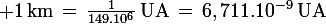 \large 1\,\rm{km}\,=\,\frac{1}{149.10^6}\,\rm{UA}\,=\,6,711.10^{-9}\,\rm{UA}