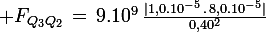 \large F_{Q_3Q_2}\,=\,9.10^9\,\frac{|1,0.10^{-5}\,.\,8,0.10^{-5}|}{0,40^2}