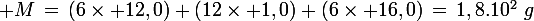 \large M\,=\,(6\times 12,0)+(12\times 1,0)+(6\times 16,0)\,=\,1,8.10^2\,\,g