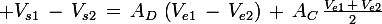 \large V_{s1}\,-\,V_{s2}\,=\,A_D\,\left(V_{e1}\,-\,V_{e2}\right)\,+\,A_C\,\frac{V_{e1}\,+\,V_{e2}}{2}