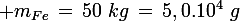 \large m_{Fe}\,=\,50\,\,kg\,=\,5,0.10^4\,\,g