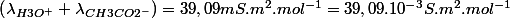 \left(\lambda_{H3O^{+}}+\lambda_{CH3CO2^{-}}\right)=39,09mS.m^{2}.mol^{-1}=39,09.10^{-3}S.m^{2}.mol^{-1}