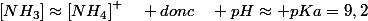 \left[NH_{3}\right]\approx\left[NH_{4}\right]^{+}\quad donc\quad pH\approx pKa=9,2