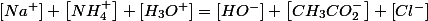 \left[Na^{+}\right]+\left[NH_{4}^{+}\right]+\left[H_{3}O^{+}\right]=\left[HO^{-}\right]+\left[CH_{3}CO_{2}^{-}\right]+\left[Cl^{-}\right]