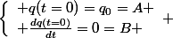 \left\lbrace\begin{array}l q(t=0)=q_0=A \\ \frac{dq(t=0)}{dt}=0=B \end{array} 