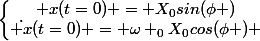 \left\lbrace\begin{matrix} x(t=0) = X_{0}sin(\phi )\\\dot{ x}(t=0) = \omega _{0}X_{0}cos(\phi ) \end{matrix}\right.
