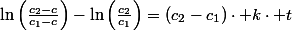 \ln\left(\frac{c_{2}-c}{c_{1}-c}\right)-\ln\left(\frac{c_{2}}{c_{1}}\right)=\left(c_{2}-c_{1}\right)\cdot k\cdot t