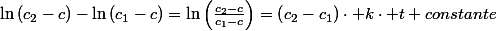 \ln\left(c_{2}-c\right)-\ln\left(c_{1}-c\right)=\ln\left(\frac{c_{2}-c}{c_{1}-c}\right)=\left(c_{2}-c_{1}\right)\cdot k\cdot t+constante