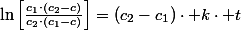 \ln\left[\frac{c_{1}\cdot\left(c_{2}-c\right)}{c_{2}\cdot\left(c_{1}-c\right)}\right]=\left(c_{2}-c_{1}\right)\cdot k\cdot t