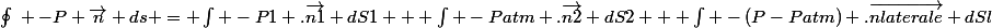 \oint_{}^{}{} -P \vec{n} ds = \int -P1 .\vec{n1} dS1 + \int -Patm .\vec{n2} dS2 + \int -(P-Patm) .\vec{nlaterale} dSl