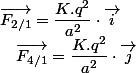 \overrightarrow{F_{2/1}}=\dfrac{K.q^{2}}{a^{2}}\cdot\overrightarrow{i}\quad;\quad\overrightarrow{F_{4/1}}=\dfrac{K.q^{2}}{a^{2}}\cdot\overrightarrow{j}