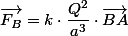\overrightarrow{F_{B}}=k\cdot\dfrac{Q^{2}}{a^{3}}\cdot\overrightarrow{BA}\quad;\quad\overrightarrow{F_{C}}=k\cdot\dfrac{Q^{2}}{a^{3}}\cdot\overrightarrow{CA}
 \\ 
 \\ \overrightarrow{F}=\overrightarrow{F_{A}}+\overrightarrow{F_{C}}=k\cdot\dfrac{Q^{2}}{a^{3}}\cdot\left(\overrightarrow{BA}+\overrightarrow{CA}\right)=k\cdot\dfrac{Q^{2}}{a^{3}}\cdot\left(\overrightarrow{BH}+\overrightarrow{HA}+\overrightarrow{CH}+\overrightarrow{HA}\right)