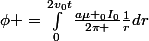 \phi =\int_{0}^{2v_{0}t}{\frac{a\mu _0I_0}{2\pi }\frac{1}{r}dr}