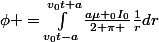 \phi =\int_{v_{0}t-a}^{v_{0}t+a}{\frac{a\mu _0I_0}{2 \pi }\frac{1}{r}dr}