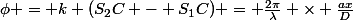 \phi = k (S_2C - S_1C) = \frac{2\pi}{\lambda} \times \frac{ax}{D}