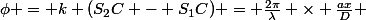 \phi = k (S_2C - S_1C) = \frac{2\pi}{\lambda} \times \frac{ax}{D} 