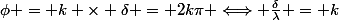 \phi = k \times \delta = 2k\pi \Longleftrightarrow \frac{\delta}{\lambda} = k
