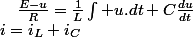 i=i_{L}+i_{C}\quad;\quad\frac{E-u}{R}=\frac{1}{L}\intop u.dt+C\frac{du}{dt}