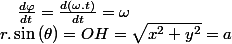 r.\sin\left(\theta\right)=OH=\sqrt{x^{2}+y^{2}}=a\quad;\quad\frac{d\varphi}{dt}=\frac{d\left(\omega.t\right)}{dt}=\omega