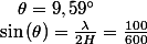 \sin\left(\theta\right)=\frac{\lambda}{2H}=\frac{100}{600}\quad;\quad\theta=9,59{^\circ}