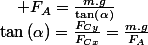 \tan\left(\alpha\right)=\frac{F_{Cy}}{F_{Cx}}=\frac{m.g}{F_{A}}\quad;\quad F_{A}=\frac{m.g}{\tan\left(\alpha\right)}