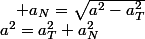 a^{2}=a_{T}^{2}+a_{N}^{2}\quad;\quad a_{N}=\sqrt{a^{2}-a_{T}^{2}}