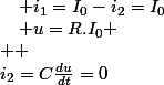i_{2}=C\frac{du}{dt}=0\quad;\quad i_{1}=I_{0}-i_{2}=I_{0}\quad;\quad u=R.I_{0}
 \\  