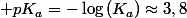 K_{a}=\frac{\left[H_{3}O^{+}\right].\left[AH^{-}\right]}{\left[AH\right]}=\frac{\left(\frac{c}{3}\right)^{2}}{\left(\frac{2c}{3}\right)}\approx1,67.10^{-4}\quad;\quad pK_{a}=-\log\left(K_{a}\right)\approx3,8