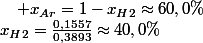x_{H2}=\frac{0,1557}{0,3893}\approx40,0\%\quad;\quad x_{Ar}=1-x_{H2}\approx60,0\%
