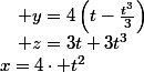 x=4\cdot t^{2}\quad;\quad y=4\left(t-\frac{t^{3}}{3}\right)\quad;\quad z=3t+3t^{3}