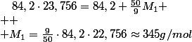 x_{1}=\frac{\triangle P}{P_{sat}}=\frac{n_{1}}{n_{1}+n_{H2O}}=\frac{\frac{m1}{M1}}{\frac{m1}{M1}+\frac{mH2O}{MH2O}}=\frac{m_{1}}{m_{1}+M_{1}\frac{mH2O}{MH2O}}
 \\ 
 \\ \frac{1}{23,756}=\frac{84,2}{84,2+M_{1}\frac{100}{18}}\quad;\quad84,2\cdot23,756=84,2+\frac{50}{9}M_{1}
 \\ 
 \\ M_{1}=\frac{9}{50}\cdot84,2\cdot22,756\approx345g/mol