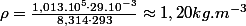 \rho=\frac{1,013.10^{5}\cdot29.10^{-3}}{8,314\cdot293}\approx1,20kg.m^{-3}