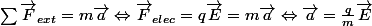\sum{\vec{F}_{ext}}=m\vec{a}\Leftrightarrow\vec{F}_{elec}=q\vec{E}=m\vec{a}\Leftrightarrow\vec{a}=\frac{q}{m}\vec{E}
