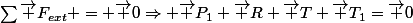 \sum{\vec F_{ext} = \vec 0\Rightarrow \vec P_1+\vec R+\vec T+\vec T_1=\vec 0