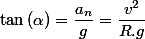 \tan\left(\alpha\right)=\dfrac{a_{n}}{g}=\dfrac{v^{2}}{R.g}