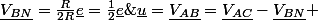 \underline{V_{BN}}=\frac{R}{2R}\underline{e}=\frac{1}{2}\underline{e}\;;\;\underline{V_{AC}}=\frac{\frac{1}{jC_{0}\omega}}{r+\frac{1}{jC_{0}\omega}}\underline{e}=\frac{1}{1+jrC_{0}\omega}\underline{e}\;;\;\underline{u}=\underline{V_{AB}}=\underline{V_{AC}}-\underline{V_{BN}} 