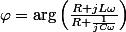 \varphi=\arg\left(\frac{R+jL\omega}{R+\frac{1}{jC\omega}}\right)