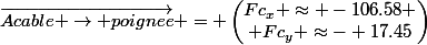 \vec{Acable \rightarrow poignee} = \begin{pmatrix}Fc_x \approx -106.58 \\ Fc_y \approx- 17.45\end{pmatrix}