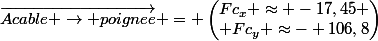\vec{Acable \rightarrow poignee} = \begin{pmatrix}Fc_x \approx -17,45 \\ Fc_y \approx- 106,8\end{pmatrix}