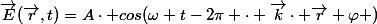 \vec{E}(\vec{r},t)=A\cdot cos(\omega t-2\pi \cdot \vec{k}\cdot \vec{r}+\varphi )