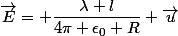 \vec{E}= \dfrac{\lambda l}{4\pi \epsilon_0 R} \vec{u}