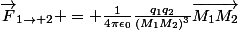 \vec{F}_{1\rightarrow 2} = \frac{1}{4\pi\epsilon_0}\frac{q_1q_2}{(M_1M_2)^3}\vec{M_1M_2}