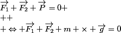 \vec{F_1}+\vec{F_2}+\vec{P}=0
 \\ 
 \\ \Leftrightarrow \vec{F_1}+\vec{F_2}+m \times \vec{g}=0